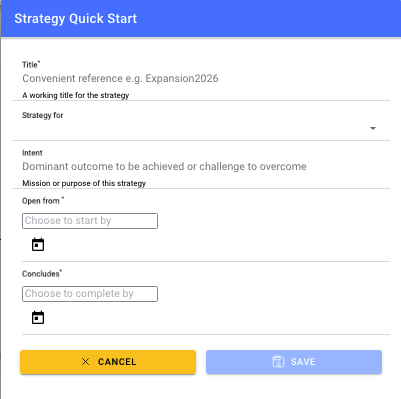 Strategy quick start dialog